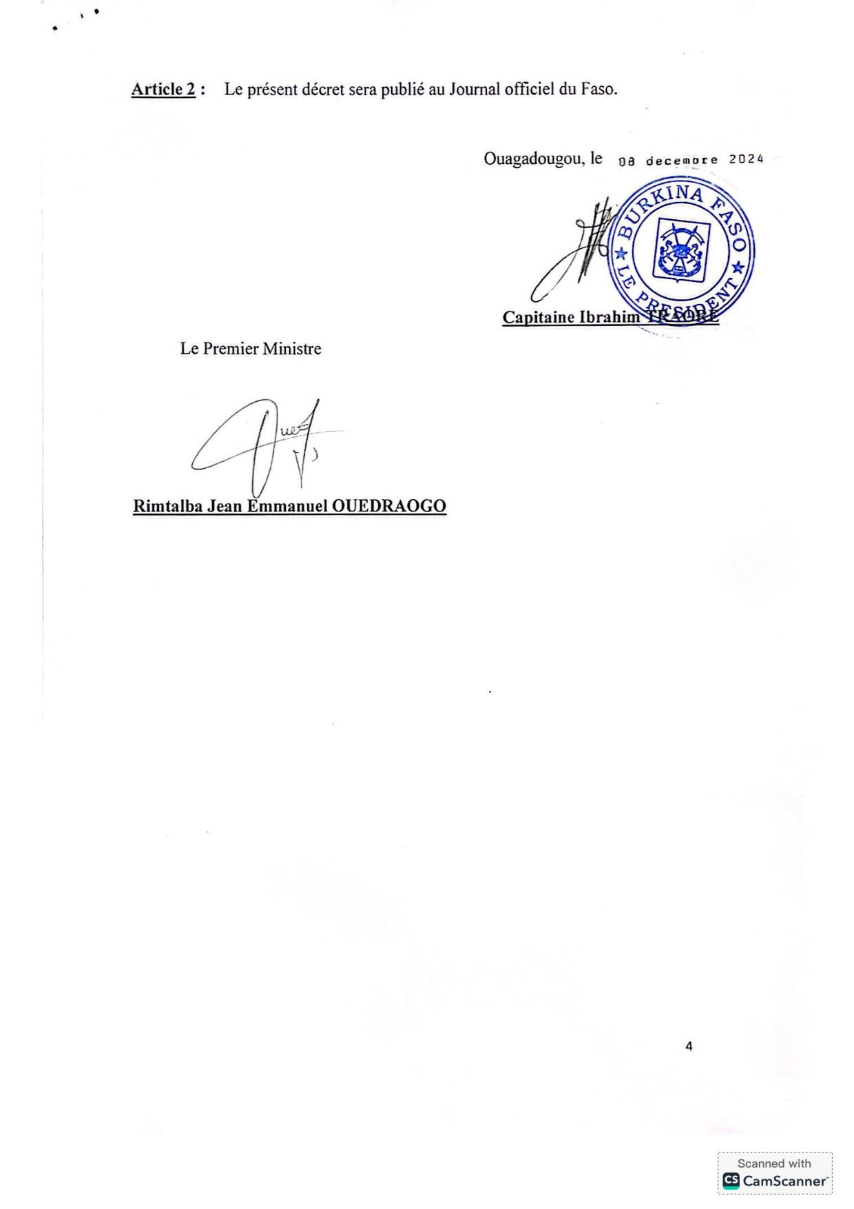 Burkina Faso decret portant composition du nouveau Gouvernement du 08 décembre 2024 Service